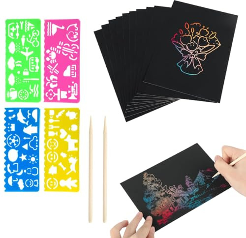 Quesuc 20 Feuilles Papier À Gratter Arc-En-Ciel Kit De Dessin À Gratter Pour Enfants Avec 2 Stylets Bambou Et 4 Pochoirs Papier Création Diy De Dessin À Gratter Pour Enfants En Maternelle