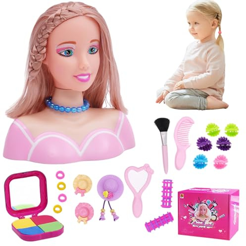 Modelo de peinado con cabeza de muñeca para niños, cabeza de muñeca para peinado, 35 piezas/juego simulado para niños, aprendizaje imaginativo y de maquillaje, juguetes para niñas, juego de 3