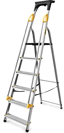 DRABEST Leiter PRO Serie Aluleiter 6 Stufen Klapptrittleiter mit Sicherheits Handläufen Haushaltsleiter bis 150 kg belastbar