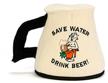 Natural Textile Saunahut 'Save Water Mug' White - 100% organische Wollfilzmützen - Schützen Sie Ihren Kopf vor Hitze - Englische Sauna E-Book Handbuch inklusiv - mit Stickerei