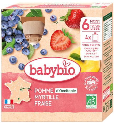 Babybio - Gourdes Fruits - Pomme Myrtille Fraise 4x90 g - 6+ Mois - BIO