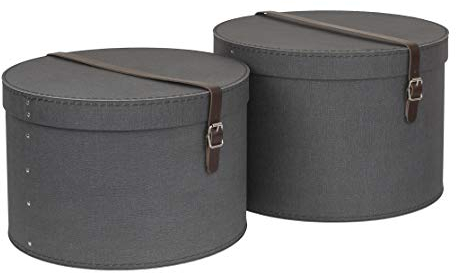 BIGSO RUT 2er-Set Aufbewahrungsbox mit Deckel – runde Ordnungsbox mit Lederriemen – große und kleine Hutschachtel aus Faserplatte und Papier in Leinenoptik – schwarz