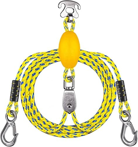 SELEWARE Self-Centering Boat Tow Harness for Tubing, Heavy Duty Floating Tow Harness with Stainless Steel Large Hooks and Pulley for Towable Tubes, Wakeboarding and Jet Ski Water Sports, Yellow-Blue