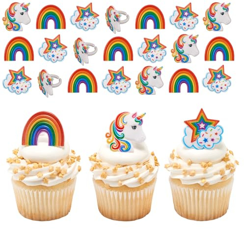 DecoPac Rainbow Unicorn Rings, Cupcake Decorations, Magical Food Safe Cake Toppers, Multi-Coloured – 24 Pack