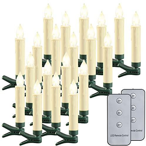 Lunartec Weihnachtsbaum Lichter: 20er-Set LED-Outdoor-Weihnachtsbaum-Kerzen mit Timer, warmweiß, IP44 (LED Weihnachtsbaumbeleuchtung, Weihnachtsbaumkerzen kabellos, Kabellose Lampen)