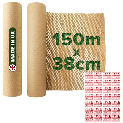 Honeycomb Sustainable thick Paper Packaging Roll 38 cm x 150 M, Eco-Friendly* Brown Craft bubble wrap cushioning for Breakables, Packing, Fragile, Shipping, Moving House, Gift. Proudly made in the UK