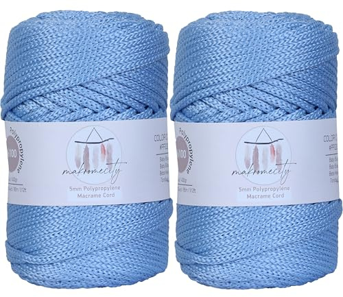 Makromecity, 2 nystan av 5 mm x 104 yards (95 meter) 5 mm polyester makramégarn, polypropylen makramégarn i babyblått för virkning, makraméväska, pyssel för