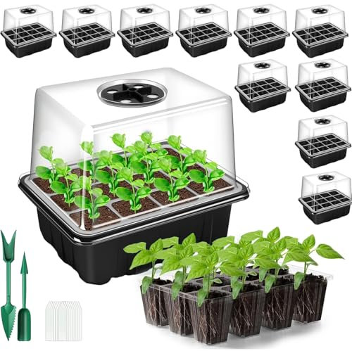 WY8 10 Pack Seed Trays Starter Kit, 120 Cells Reusable Greenhouse Seedling Starter Tray with High Lid Dome and Deep Base, Herb Garden Plant Humidity Adjustable Grow Kit Indoor or Outdoor