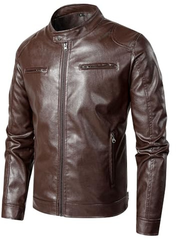 Giacca di Pelle Uomo, Giacca Uomo in Ecopelle con Colletto Rialzato Giacca Bomber da Uomo con Chiusura Lampo Casual per Motociclisti Giubbotto Uomo Moto Giacca Uomo Mezza Stagione Chiodo Pelle Uomo