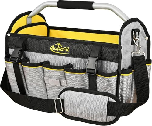 Electrician Open Tote Bags 29 pockets, 40 * 26 * 21CM Tote Tool Bag Heavy Duty 1680D Denier Fabric Tool Tote Bag with Handle, Technicians Plumbers Tools Bag (Gray-Yellow)