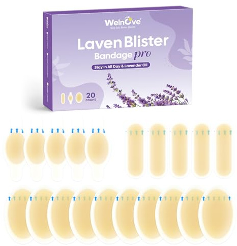 Welnove Hydrocolloid Gel Blister Bandages for Feet - 20ct Blister Cushion with Lavender Extract for Heel & Toe - Water-Resistant Bandages - Blister Pads for Prevention & Recovery
