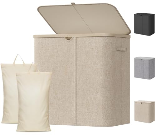 Lifewit Cesto Biancheria Sporca 2 Scomparti, Cesta Panni Sporchi con Sacchi Lavabili, Cesto Portabiancheria, Laundry Basket per Bagno, Camera da Letto e Lavanderia, 145 L, Beige