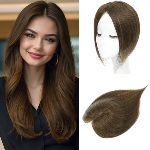 Real Human Hair Toppers,10 Inch Human Hair Toppers for Thinning Hair 360°Coverage Natural Hairpiece Wiglet for Women Daily 7x10CM Swiss Base(4#)