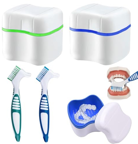 Caja de 2 cepillos para prótesis dentales, 2 cepillos de limpieza para prótesis, estuche para prótesis dentales, almacenamiento de dentaduras postizas, cepillo limpiador de prótesis, para limpieza de