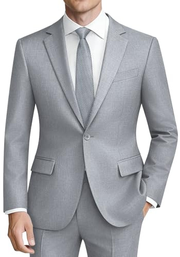 Mens Suits 2 Piece Slim Fit Business Casual ONE Button Light Grey