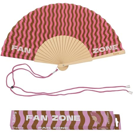 Fisura – Ventaglio Originale con Scritta “Fan zone”, Ventaglio in Legno Moderno con Onde Rosa e Marroni, Ventaglio a Mano con Laccetto Incluso, Idea Regalo Divertente, 42,5 x 23 cm