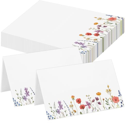Place Cards, 50Pcs Floral Name Cards for Table Setting | Pre-scored foldable seating cards for weddings. 300gsm paper, 8.5x5.5cm, botanical design