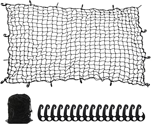 7' x 5' Heavy Duty Bungee Cord Cargo Net Stretches to 14' x 10'-Latex Truck Bed Mesh with 12Pcs Free Adjustable Hooks for Secure Carrying on Roof Luggage Rack,Cargo Carrier and Pickup Truck Bed