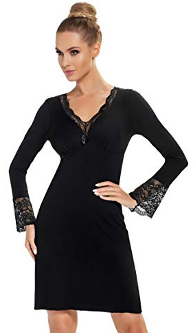 Selente Sweet Dreams Raffinata Camicia da Notte Donna, Nero Manica Lunga, IT 44 (EU 38)