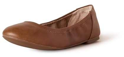 Amazon Essentials Women's Comfortable Round Toe Ballet Flats, Cushioned Memory Foam, Chestnut Brown Faux Leather, 10.5 Wide
