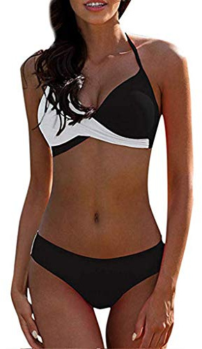 CheChury Damen Bademode Push Up Bikini Set Zweiteilige Badeanzug Strandkleidung Crossover Neckholder Triangel Oberteil Bikinihose Sexy Halter,Schwarz,M,38-40