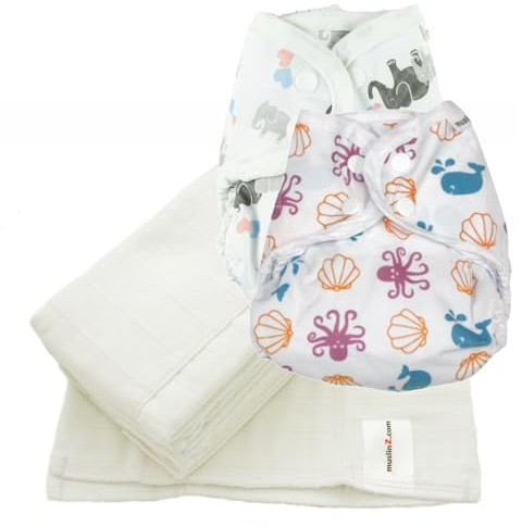 MuslinZ Reusable Cloth Nappy Bundle, Size 1 (Newborn to 6 Months), 2 x PUL Wrap/Covers with Double Gusset + 6 x 100% Cotton Muslin Prefolds (Sealife/Elephants)