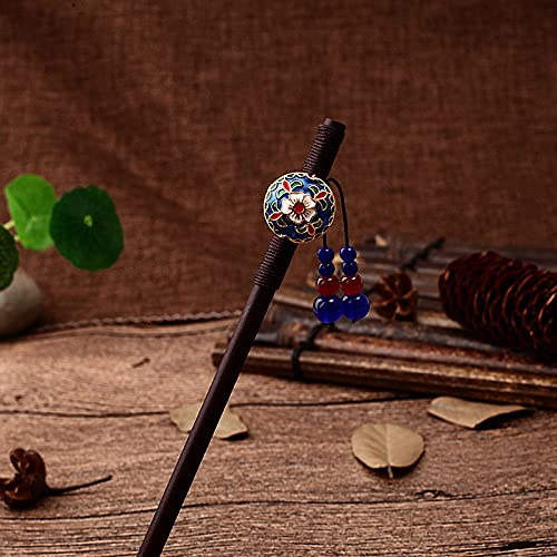 Hårnål, träpinnar hårnål retro kinesisk traditionell klassisk ätpinnar gafflar ebenholts blå präglade körsbärsblommor tofs etniska smycken hårsmycken för kvinnor långt hår Br