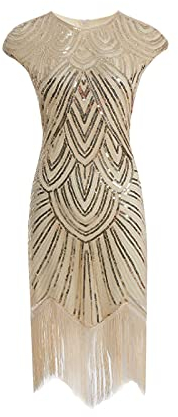 MIMIKRY 20er Jahre Charleston Pailletten Kleid Creme/Gold mit Fransen Flapper Damen-Kostüm, Größe:L