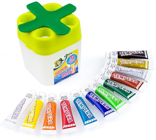JOLLY Super Tempera Boxx, Aquaboxx mit 12 x 7,5ml Super Tempera Farben, Schulmalfarbe, Wasserbox mit 4 Kammern, Gouache Set, auslaufsicheres Design