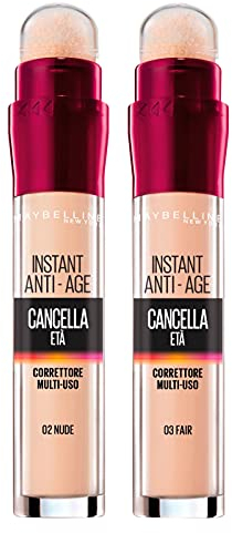 2x Maybelline New York Correttore Liquido Il Cancella Età Colori 03 Fair e 02 Nude con Bacche di Goji e Haloxyl Copre Occhiaie e Piccole Rughe