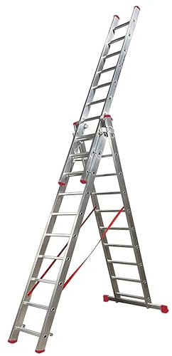 BTF Escalera de aluminio 3 Tramos Extensible Transformable Serie PROFI 4,0+4,0+4,0 Metros 15 peldaños por tramo, Perfil 80x25mm | Robusta escalera para trabajos en nivel profesional. Ref. BTF-ETTE8040