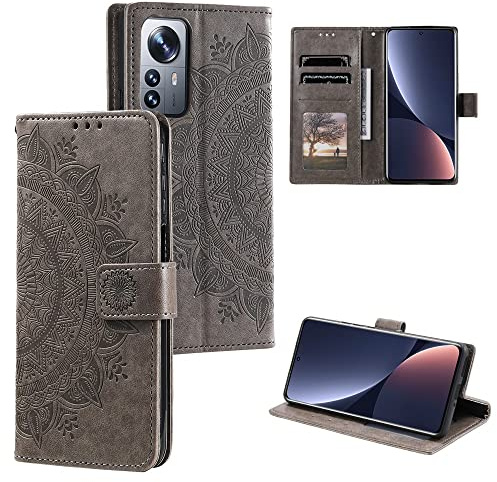 CoverKingz Handytasche kompatibel mit Xiaomi 12 Pro - Handy Case mit Kartenfach Handyhülle - Flipcase klappbar Motiv Mandala Grau