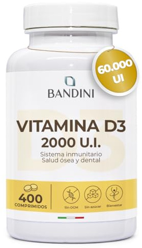 Bandini® Vitamina D 60.000 UI/mes 400 comprimidos | Defensa inmunitaria, Salud ósea, dental y muscular, Metabolismo del calcio, 50 mcg Colecalciferol, Vitaminas D3 pura, Vitamine D en dosis alta