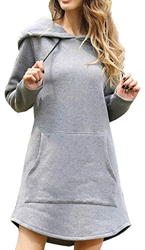 ticticlily Vestito Donna Corto Invernale Autunnale Abito Felpa con Cappuccio Vestiti Manica Lunga Girocollo Tinta Unita Abiti da Casuale Sportivo con Coulisse Tasche Hoodie Felpe Lungo C Grigio L