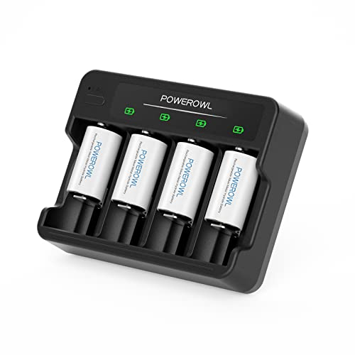 POWEROWL Pilas Recargables C con Cargador de Pilas de 4 bahías, Carga rápida USB, para Pila Recargable AA AAA C D Ni-MH -4 Piezas