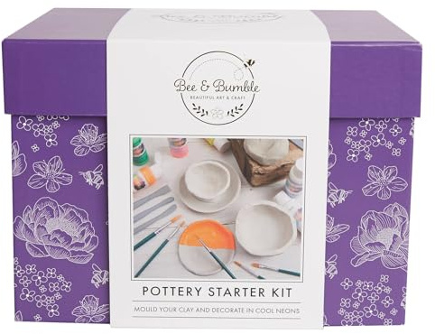 Bee & Bumble Pottery Starter Kit Neon, 1kg Air Hardening Clay, 4 Piece Modelling Tool Set, Neon Acrylic Paints, Matt Varnish, Single Craft Set, DIY, Art and Crafts, Unique Gift Present