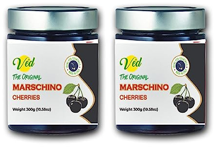 Ved Gourmet Cerises noires au marasquin originales - Cerise italienne pour cocktails à l'ancienne - Cocktail végétalien, cerises bourbon au sirop naturel pour garniture de cocktail (Pack de deux)