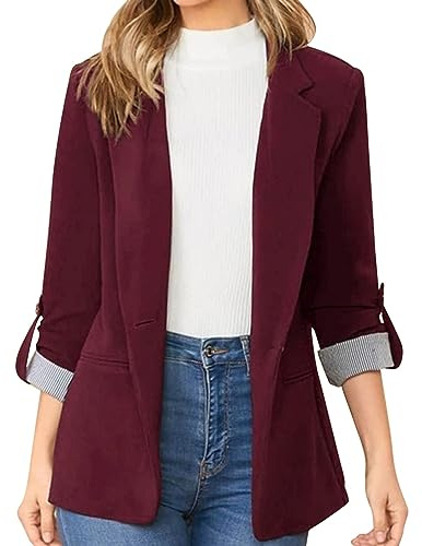 L9WEI Blazer para mujer, para otoño e invierno, elegante, con solapa, monocolor, manga larga, traje de negocios, burdeos, L