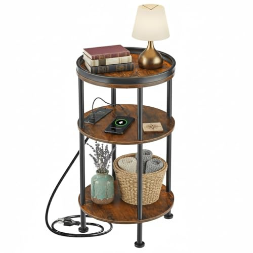 Small Round Side Table with Charging Station for Small Spaces, 3-Tier Round Accent Table with USB Ports & Power Outlets, Corner Table Sofa End Table for Living Room Bedroom (USB Charger, Rustic Brown)