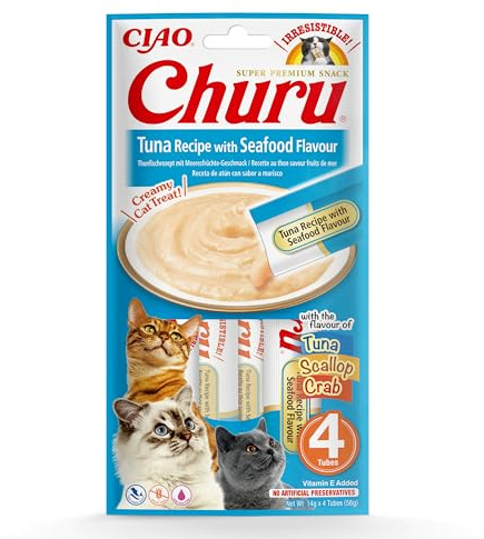 INABA Churu Snack per Gatti Cremoso con Tonno al Gusto di Frutti di Mare - 1 Pack (4 Stick x 14gr) - Cibo per Gatti da Leccare, Sano e Delizioso - Snack Gatto Senza Conservanti o Coloranti Artificiali