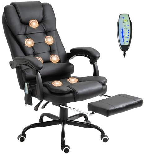 Vinsetto Sedia Ergonomica da Ufficio con 7 Punti Massaggianti e Poggiapiedi, Sedia da Scrivania Reclinabile in Pelle PU con Braccioli Imbottiti, Altezza Regolabile e Ruote Girevole, per Studio, Nero