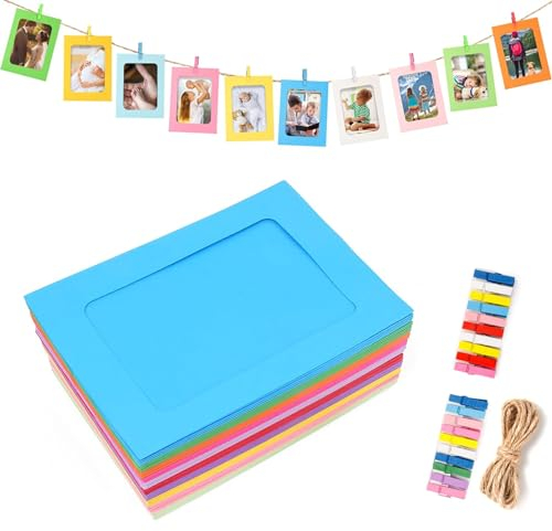 Gyxcelc Cornice di Carta per Foto DIY 11x15cm Album Portafoto Decorazione della Parete con Corda di Iuta e Mollette Appeso Decorazione di Festa Matrimonio e Compleanno 20 Pezzi, 10 Colori