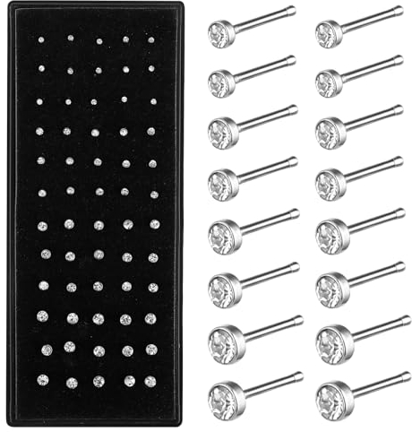 Yolev 60 Stück Nasenpiercing Nase Damen Nasenstecker Chirurgenstahl Nasennadeln Nose Ring Schmuck für Herren Septum 1,5/2,0/2,5 mm Strass Nasenpiercing Stecker Schmuck (Silber)