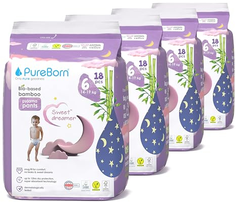 PureBorn Mutandina da Notte in Bambù, Taglia 6 (14-19 kg), 72 unità (4x18) Pigiami Pannolini, Assorbimento Extra, Protezione Dalle Perdite per Tutta la Notte, Indicatore di Umidità
