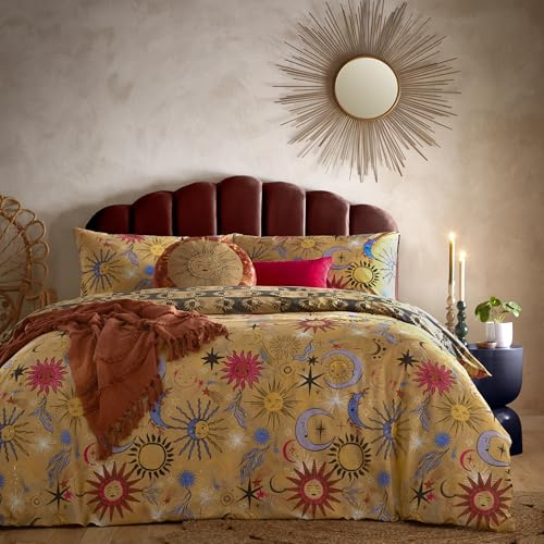 furn. Ethereal Star Duvet Cover Set (Gold Dust Yellow - King) | Reversible abstract celestial design combining stars and checkerboard patterns