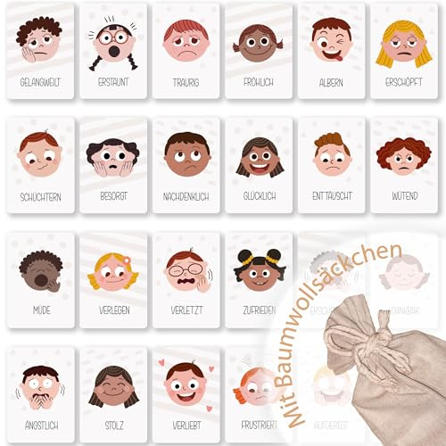 HappyArts® Gefühlskarten für Kinder DIN A6 | 24 Motive beidseitig auf 12 Karten mit Beutel | Lernkarten Ermutigung Achtsamkeit Selbstliebe