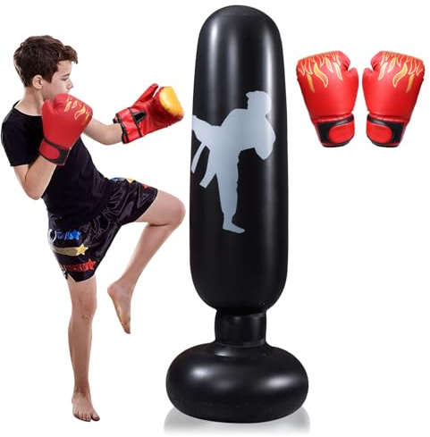 Sac de Frappe Gonflable de 160 cm pour Enfants avec Gants de Boxe, Sac de Frappe Portable pour Enfants, Doux et Confortable, Sac De Frappe sur Pied pour Boxe, Karaté, Taekwondo (Noir)