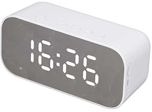 Denash Alarm Clock Radio, 1200mAh Portable Bluetooth 5.0 & Dual Alarms FM Radiohögtalare, 3-nivå Dimmer & Temperatur Display för Sovrum/kontor (WHITE)