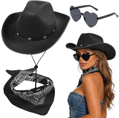 FCXVXCL 3PCS Cappello da Cowboy Western Viola Cappello Cowboy Piume Sciarpa e Occhiali A Forma di Cuore Cowgirl Accessorio Decorazione Glitterata Adatta Balli in Maschera Festa