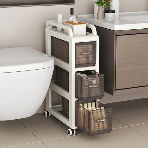 20cm Bathroom Cabinet, 3 Drawers Storage unit, 66cm Tall Toliet Organiser